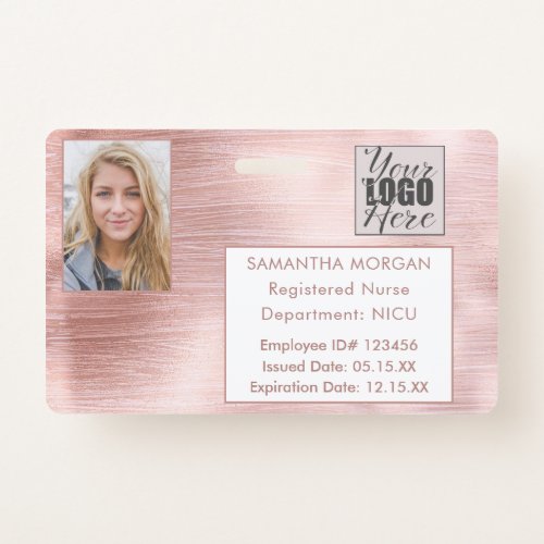 Rose Gold Glitter Photo Logo Employee ID Badge