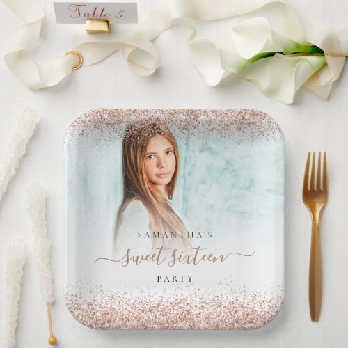 Rose Gold Glitter Photo Name Sweet Sixteen Party Paper Plates