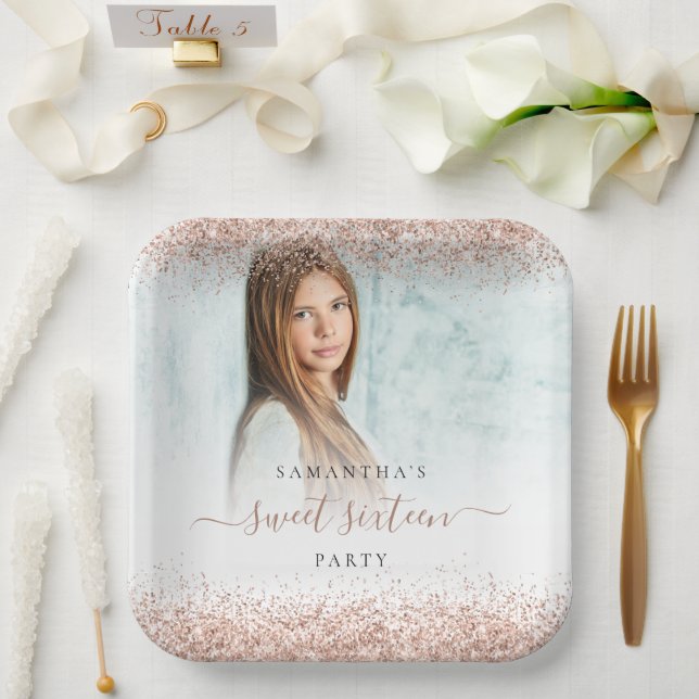 Rose Gold Glitter Photo Name Sweet Sixteen Party Paper Plates (Wedding)