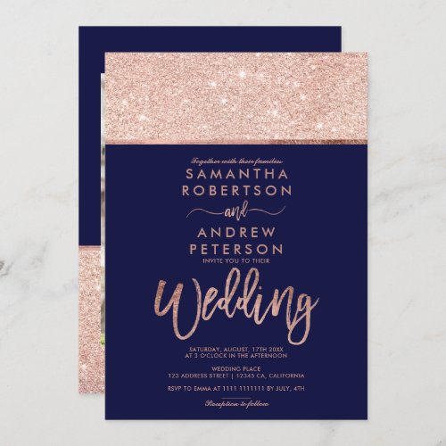 Rose gold glitter photo navy blue wedding invitation