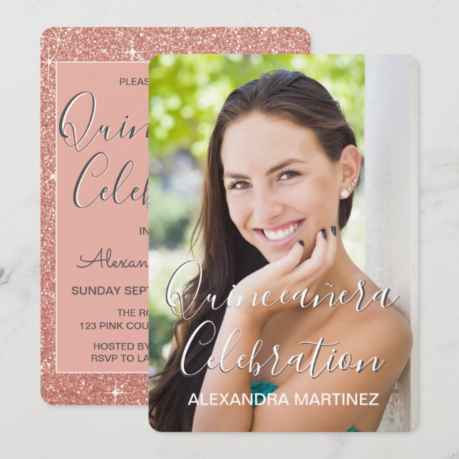 Rose Gold Glitter Photo - Quinceanera Celebration Invitation (Front/Back)