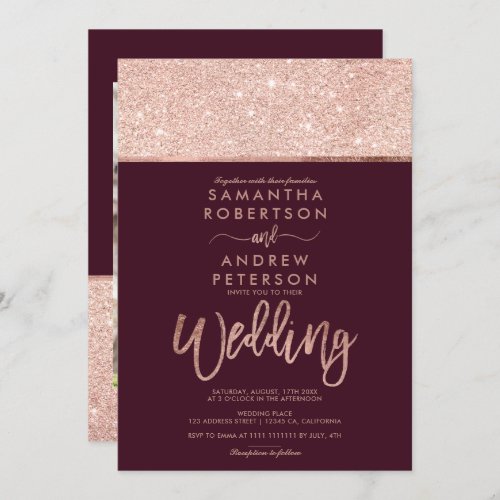 Rose gold glitter photo red burgundy wedding invitation