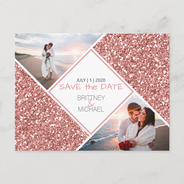 Rose Gold Glitter Photo Save the Date Postcard (Front)