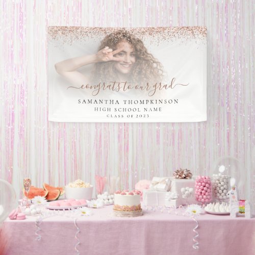 Rose Gold Glitter Photo Script 2024 Graduation Banner