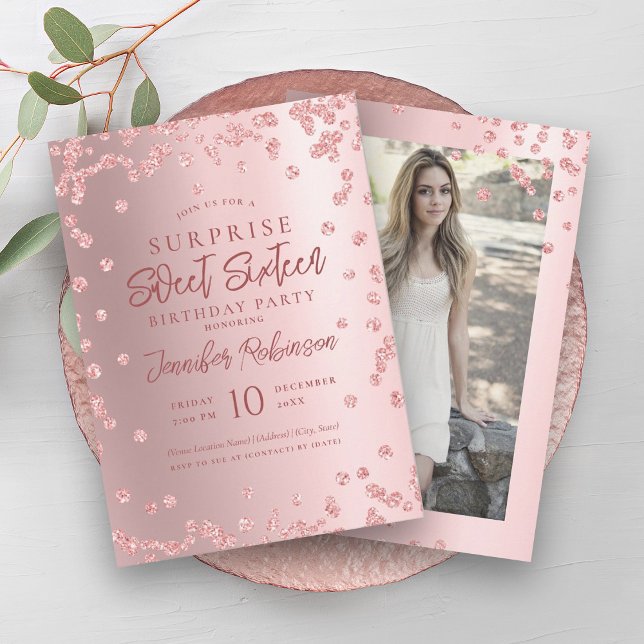 Rose Gold Glitter Photo SURPRISE Sweet 16   Invitation (Rose Gold Glitter Photo SURPRISE Sweet 16 Invitation)