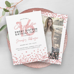 Rose Gold Glitter Photo Surprise Sweet 16  Invitation