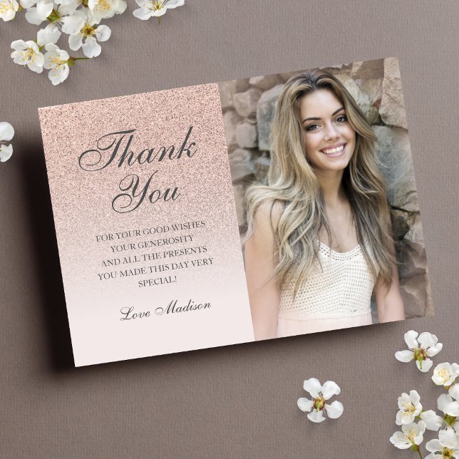 Rose gold glitter photo thank you chic Quinceañera Card (Creator Uploaded)