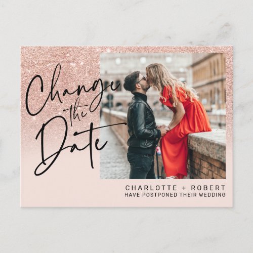 Rose gold glitter photo wedding change the date announcement postcard