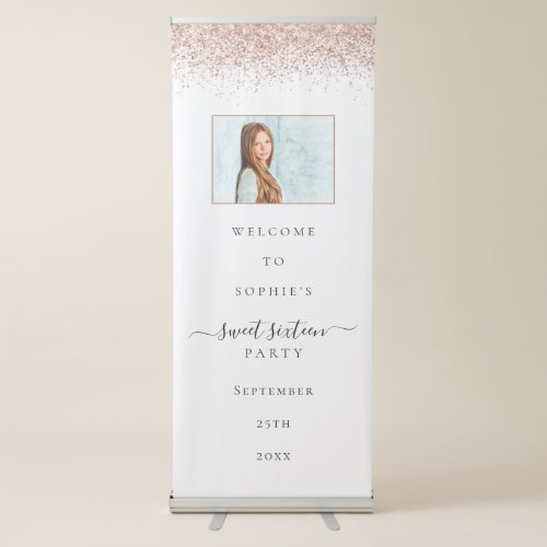 Rose Gold Glitter Photo Welcome Sweet 16 Party Retractable Banner