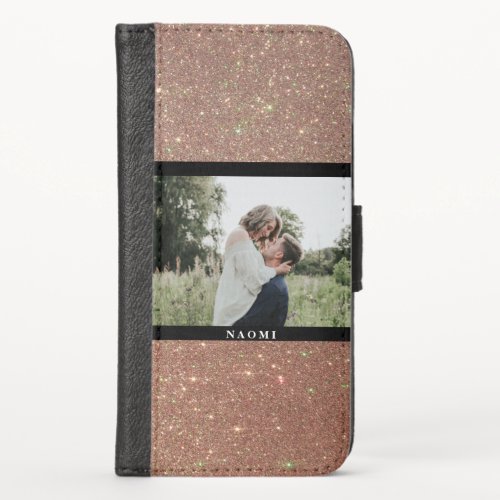 Rose Gold Glitter  Photo with Name iPhone X Wallet Case