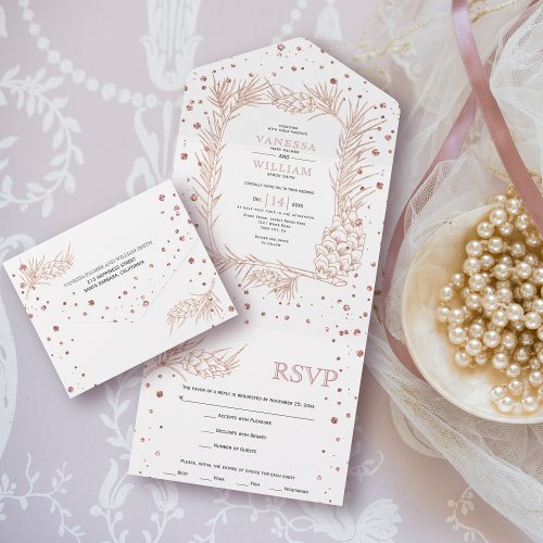 Rose gold glitter pine and confetti winter wedding all in one invitation