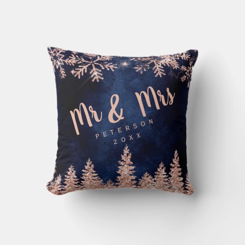 Rose gold glitter pine and snow blue Mr  Mrs Throw Pillow