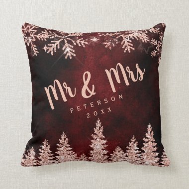 Rose gold glitter pine and snow red Mr & Mrs Throw Pillow