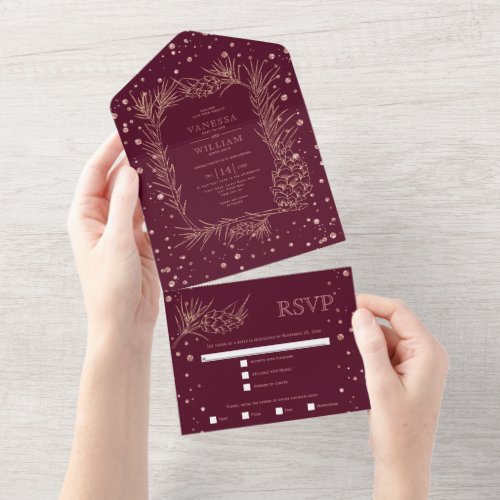 Rose gold glitter pine confetti burgundy wedding all in one invitation