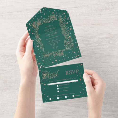 Rose gold glitter pine confetti evergreen wedding all in one invitation