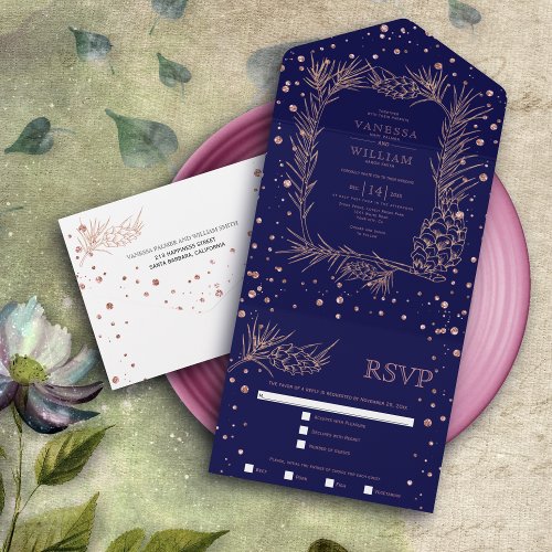 Rose gold glitter pine confetti navy blue wedding all in one invitation