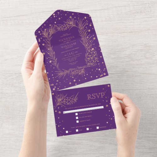 Rose gold glitter pine confetti purple wedding all in one invitation