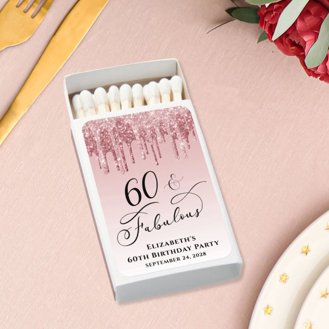 Rose Gold Glitter Pink 60th Birthday Party Matchboxes (Creator Uploaded)