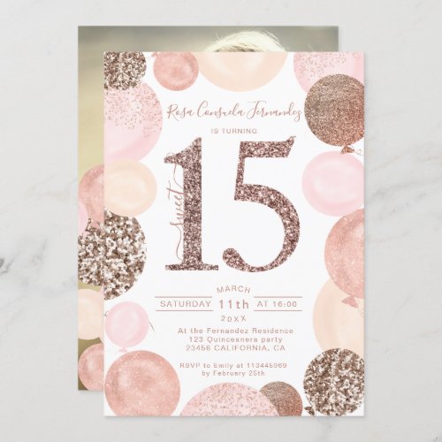 Rose gold glitter pink balloons Quinceanera photo Invitation