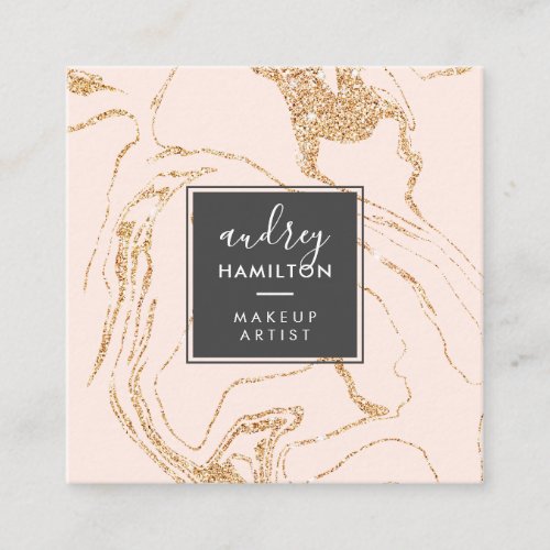 Rose gold glitter pink black marble elegant makeup square business card