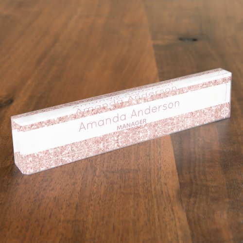 Rose gold glitter pink blush female girly desk name plate