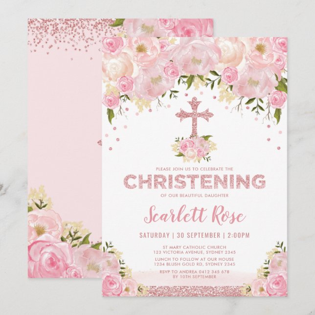 Rose Gold Glitter Pink Blush Flower Christening Invitation (Front/Back)