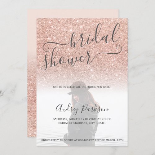 Rose gold glitter pink bold bridal shower photo invitation