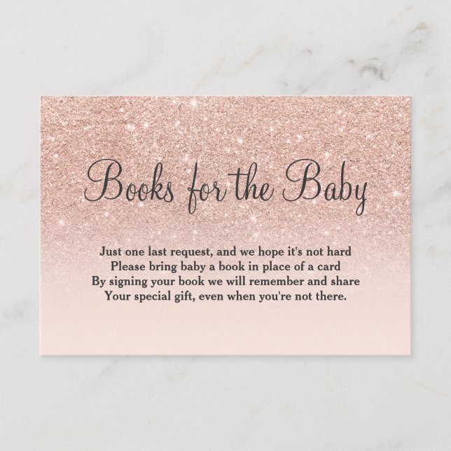 Rose gold glitter pink bring a book baby shower enclosure card (Front)