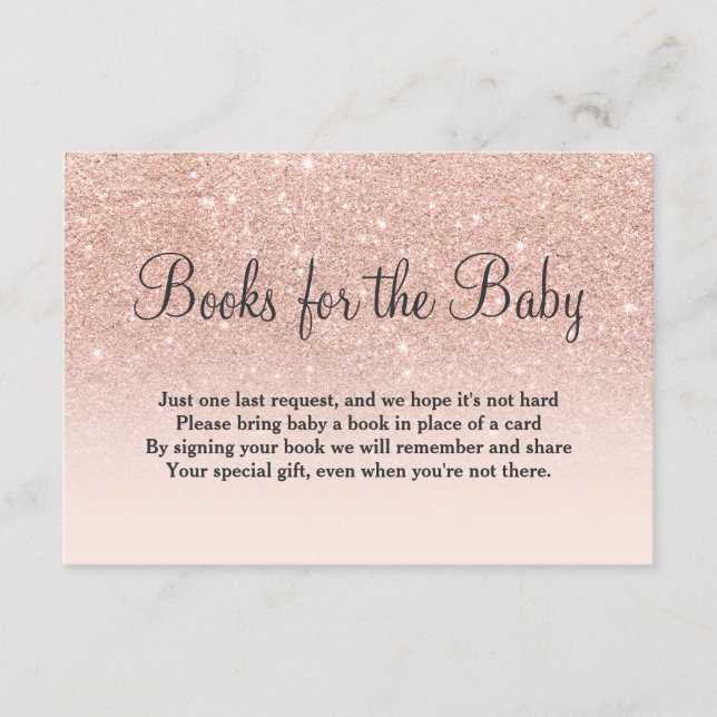 Rose gold glitter pink bring a book baby shower enclosure card (Front)