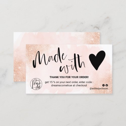 Rose Gold glitter pink brush logo thank you Business Card