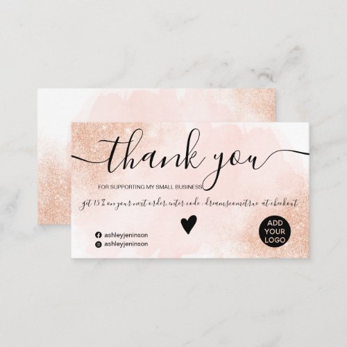 Rose Gold glitter pink brushstroke order thank you Business Card