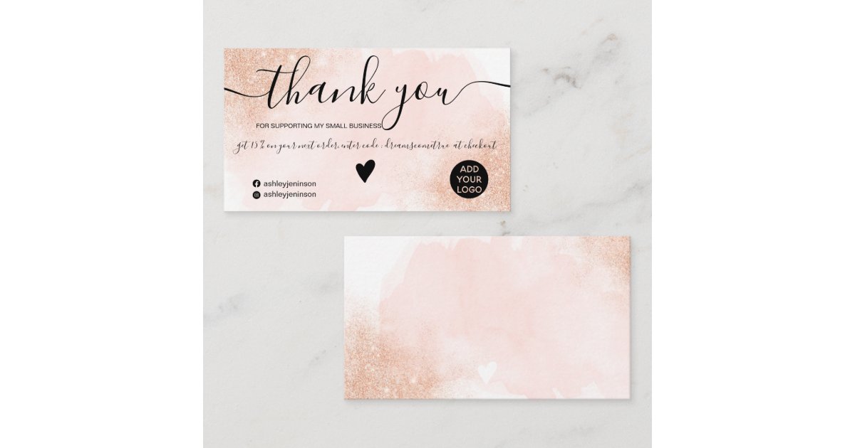 Rose Gold glitter pink brushstroke order thank you Business Card | Zazzle