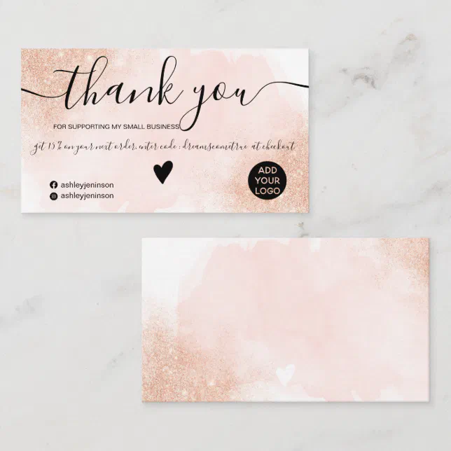Rose Gold glitter pink brushstroke order thank you Business Card | Zazzle