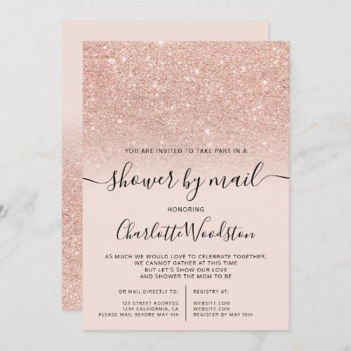 rose gold glitter pink cancelled shower by mail invitation