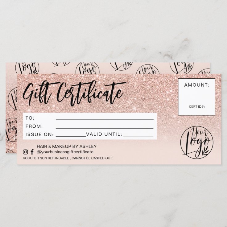 Rose gold glitter pink chic gift certificate logo | Zazzle