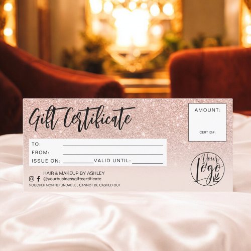 Rose gold glitter pink chic gift certificate logo