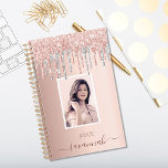 Rose gold glitter pink custom photo silver 2024 planner<br><div class="desc">A faux rose gold metallic looking background with elegant faux rose gold, pink and faux silver glitter drips, paint dripping look. Personalize and add your own photo, name and a year. The name is written in dark rose gold with a large modern hand lettered style script with swashes. To keep...</div>