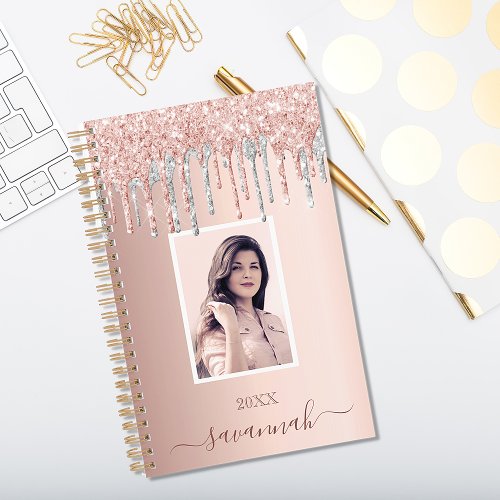 Rose gold glitter pink custom photo silver 2025 planner