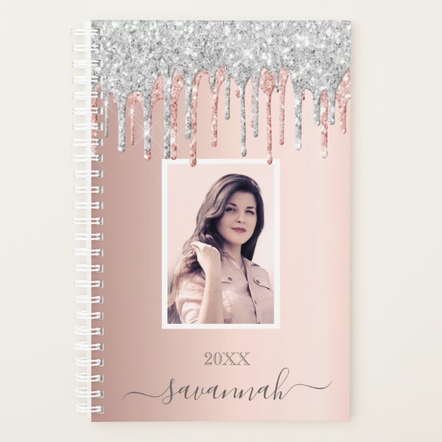 Rose gold glitter pink custom photo silver 2026 planner (Front)