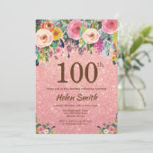 Rose Gold Glitter Pink Floral 100th Birthday Invitation | Zazzle