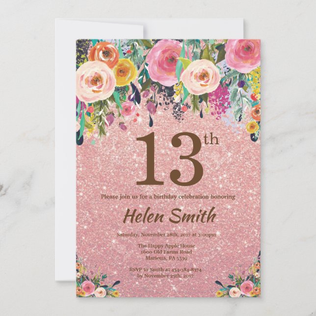 Rose Gold Glitter Pink Floral 13th Birthday Invitation (Front)