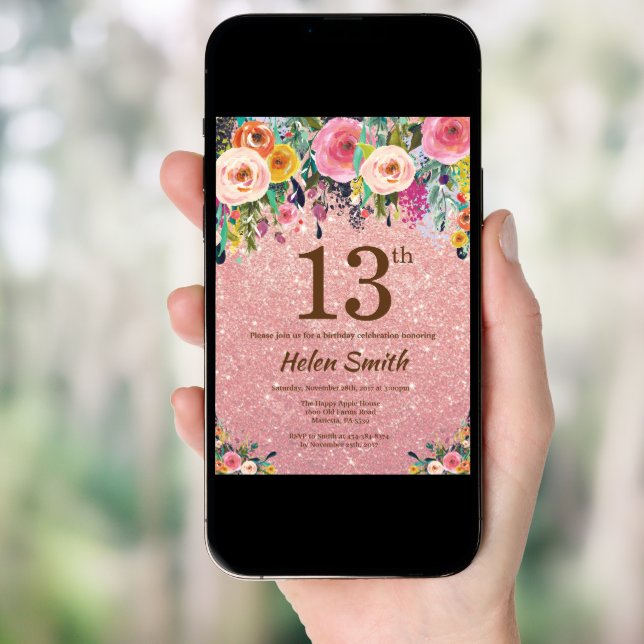 Rose Gold Glitter Pink Floral 13th Birthday Invitation (Front Digital)