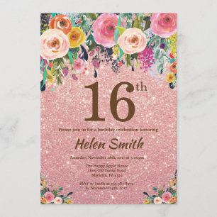 Rose Gold Glitter Pink Floral 16th Birthday Invitation