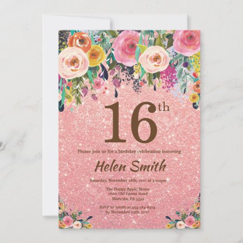 Rose Gold Glitter Pink Floral 16th Birthday Invitation