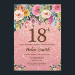 Rose Gold Glitter Pink Floral 18th Birthday Invitation<br><div class="desc">Rose Gold Glitter Pink Floral 18th Birthday Invitation for Women. Watercolor Floral Flower. Rose Gold Pink Glitter Background. Pink, Yellow, Orange, Purple Flower. Adult Birthday. 13th 15th 16th 18th 20th 21st 30th 40th 50th 60th 70th 80th 90th 100th, Any Ages. For further customization, please click the "Customize it" button and...</div>