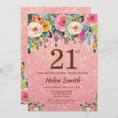 Rose Gold Glitter Pink Floral 21st Birthday Invitation (Front/Back)