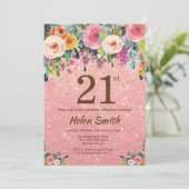 Rose Gold Glitter Pink Floral 21st Birthday Invitation (Standing Front)