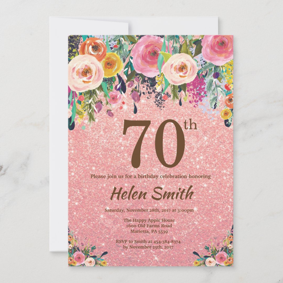 Rose Gold Glitter Pink Floral 70th Birthday Invitation | Zazzle