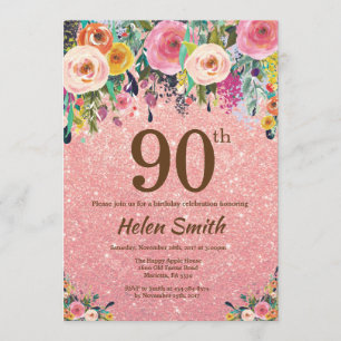 Rose Gold Glitter Pink Floral 90th Birthday Invitation