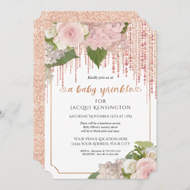 Rose Gold Glitter Pink Floral Baby Girl Sprinkle Invitation (Front/Back)